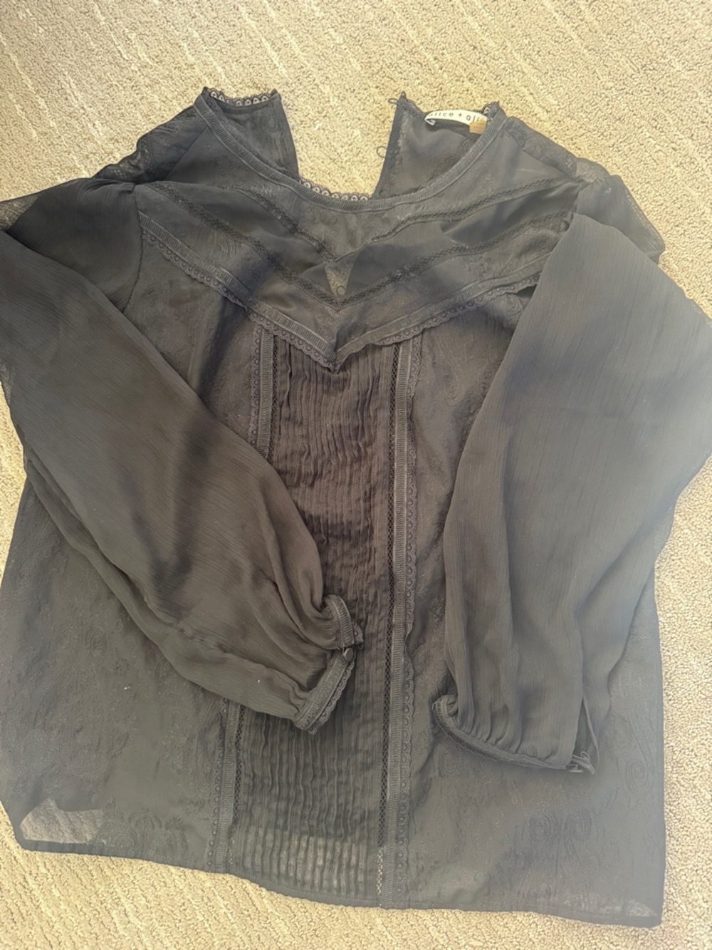 Alice + Olivia Black Sheer Pintuck Blouse with Lace Trim